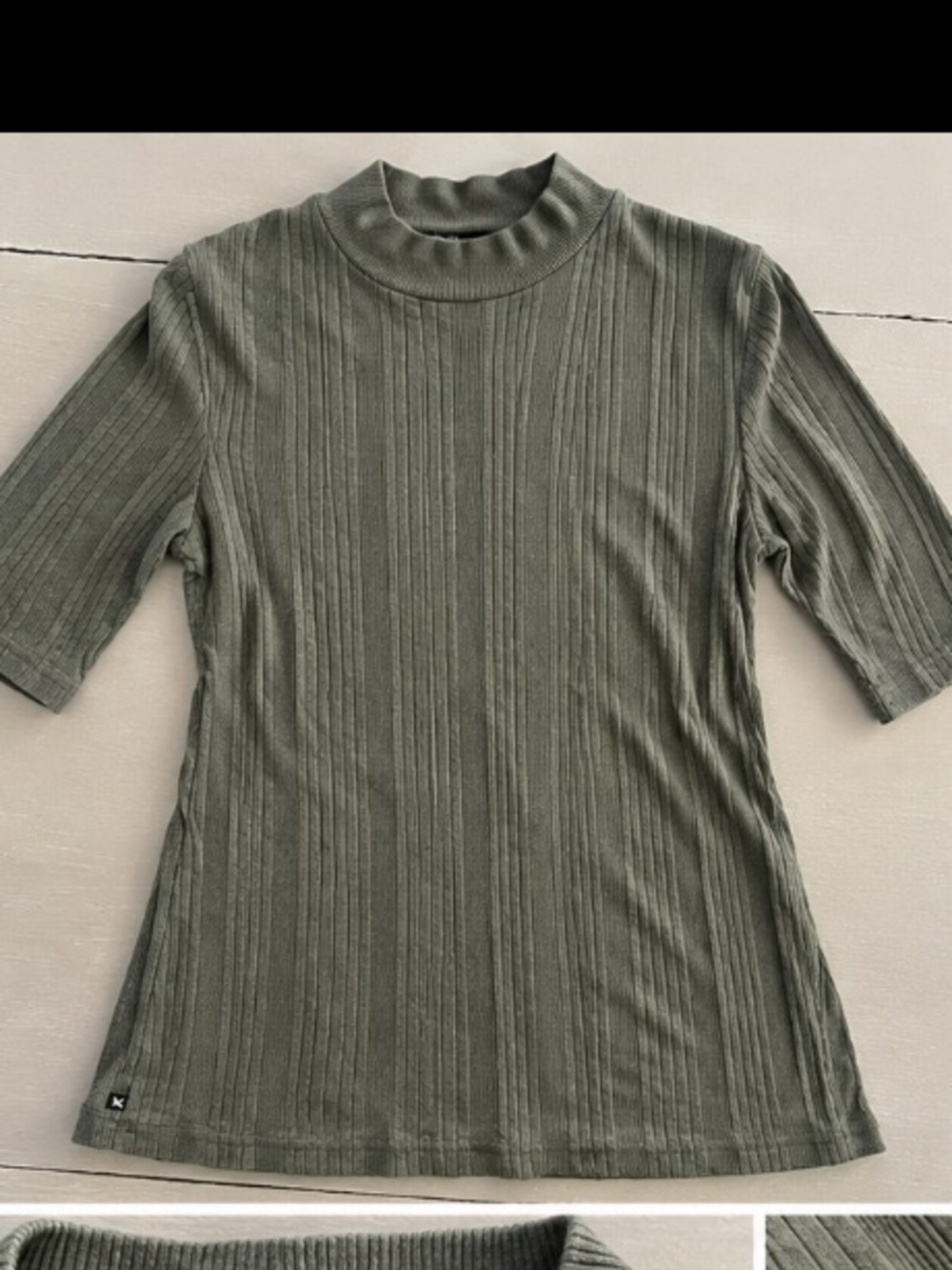 Eddie Bauer Women’s L Olive Green Ribbed Mock Neck Tunic Top 3/4 Sleeve